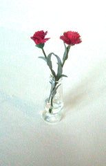 2 red CARNATIONS glass VASE Hand crafted flowers 12th scale SALE